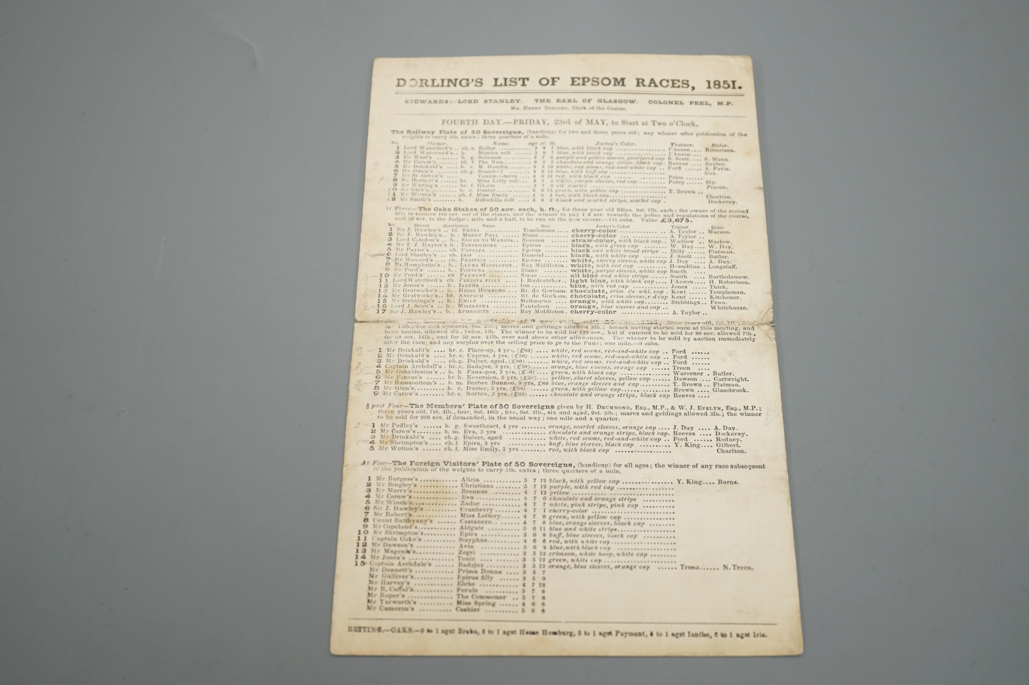 Dorling’s list of Epsom Races, 1851, Race card dated Friday 23rd May 1851